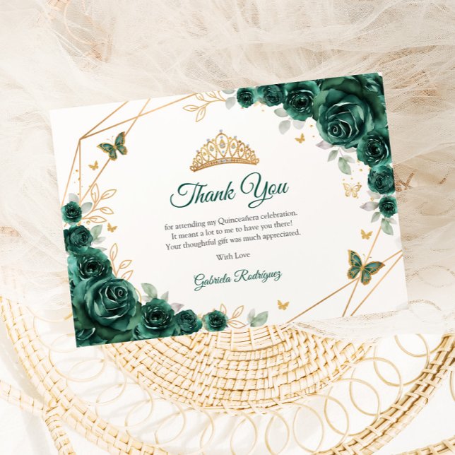 Emerald Green Gold Floral Quinceanera Thank You Card (Creator Uploaded)
