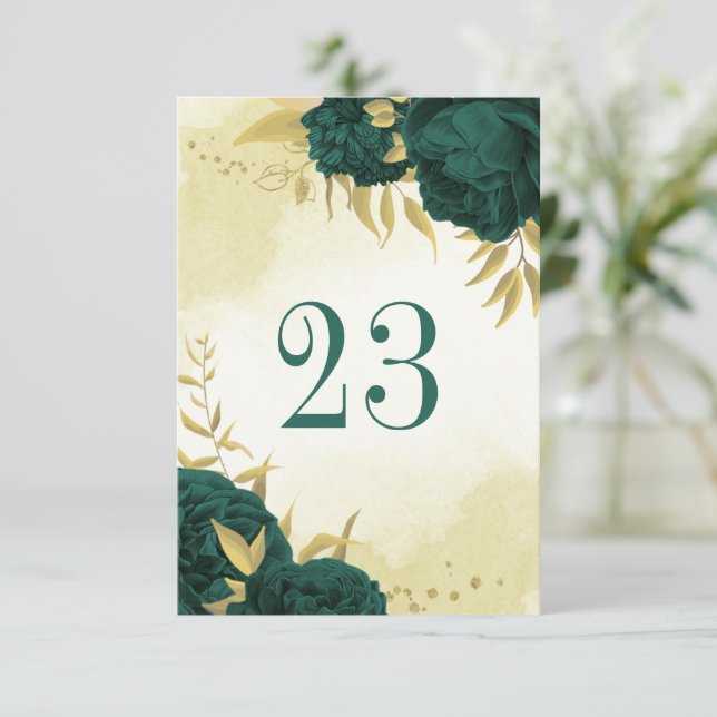 Emerald green gold floral table number (Standing Front)