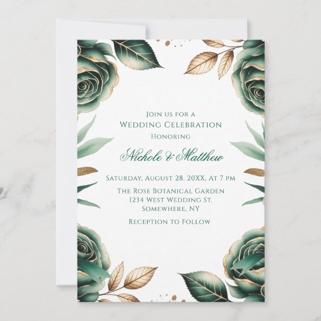 Emerald Green & Gold Floral Wedding Celebration Invitation (Front)