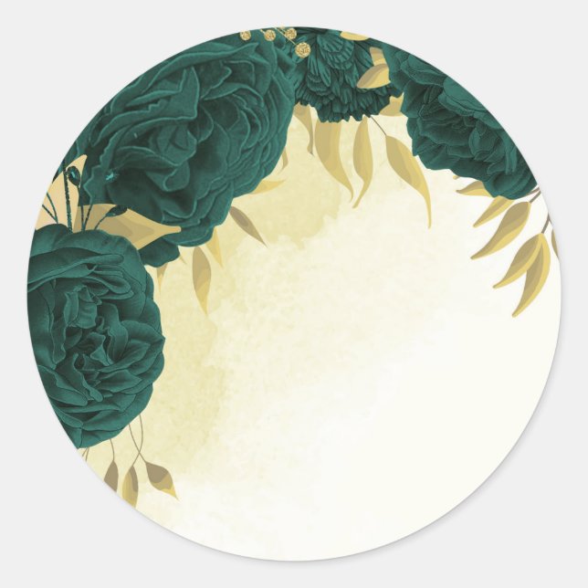 Emerald green gold floral wedding classic round sticker (Front)