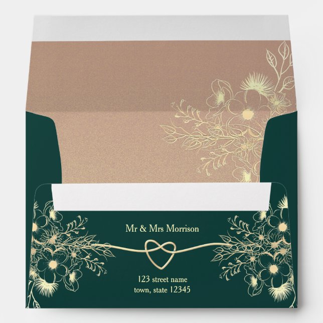 Emerald Green Gold Floral Wedding Envelope (Back (Bottom))