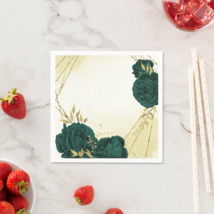 Emerald green gold floral wedding napkin