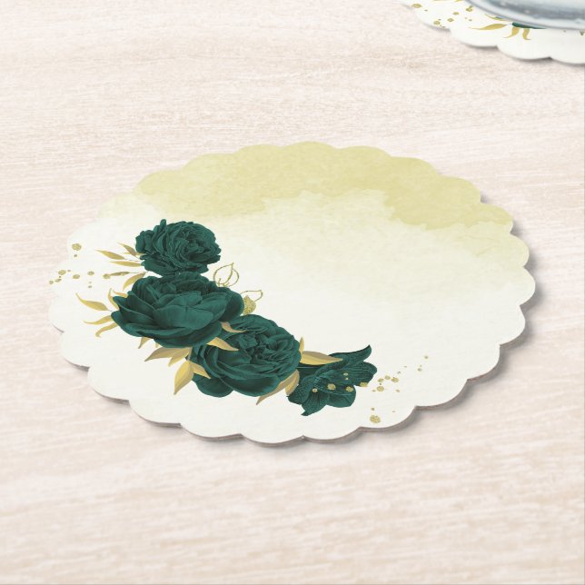 Emerald green gold floral wedding paper coaster (Angled)