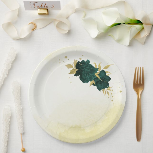 Emerald green gold floral wedding paper plate (Wedding)