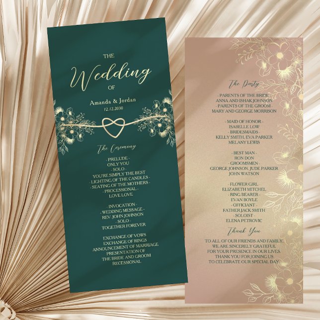 Emerald Green Gold Floral Wedding Program (Creator Uploaded)