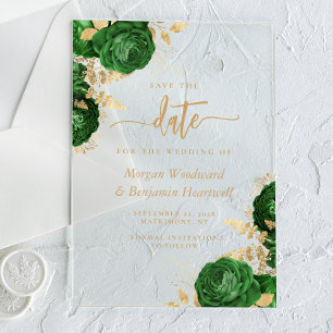 Emerald Green Gold Floral Wedding Save the Date Acrylic Invitations