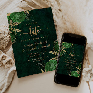 Emerald Green Gold Floral Wedding Save the Date Invitation