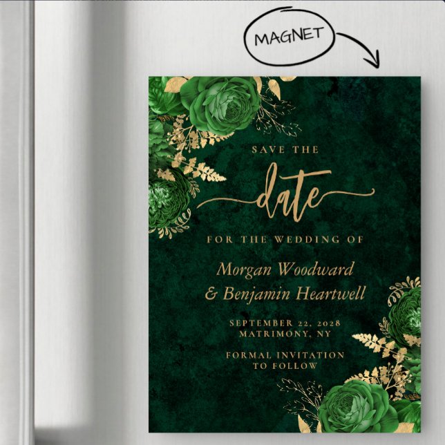 Emerald Green Gold Floral Wedding Save the Date Magnetic Invitation (Creator Uploaded)