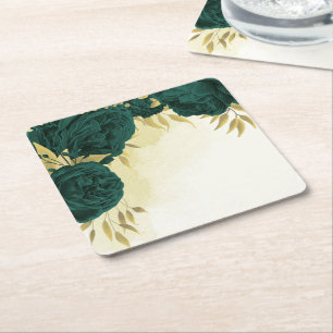Emerald green gold floral wedding square paper coaster