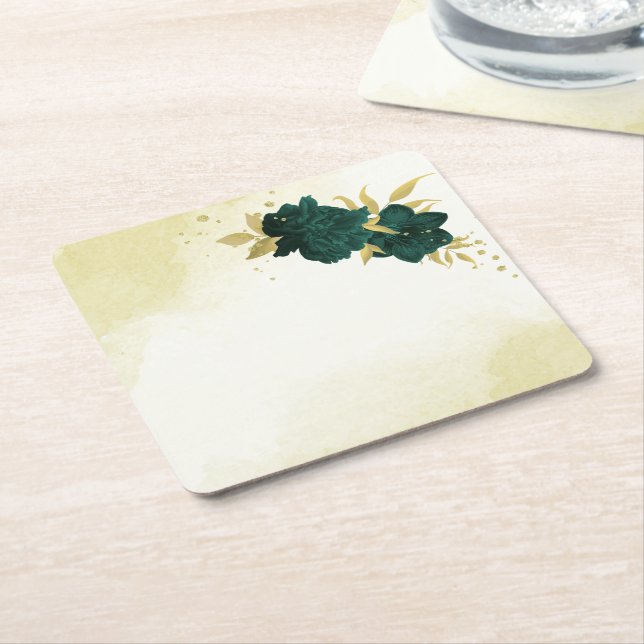 Emerald green gold floral wedding square paper coaster (Angled)