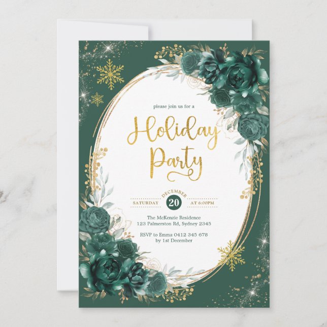 Emerald Green Gold Floral Winter Holiday Party Invitation (Front)
