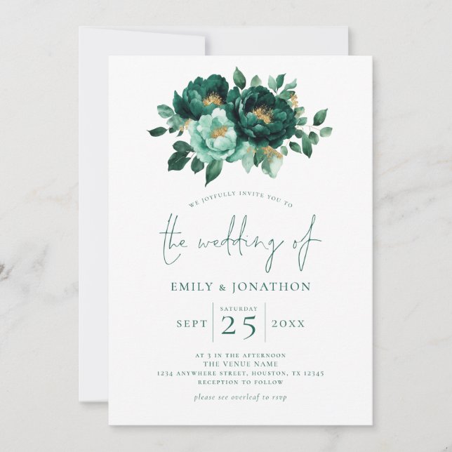 Emerald Green Gold Florals QR Code Wedding  Invitation (Front)