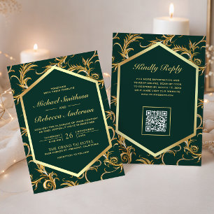 Emerald Green Gold Flourish Swirl QR Code Wedding Invitation