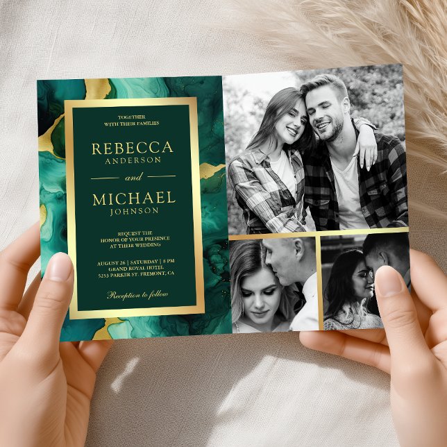 Emerald Green Gold Fluid Ink QR Code Wedding Invitation (Creator Uploaded)
