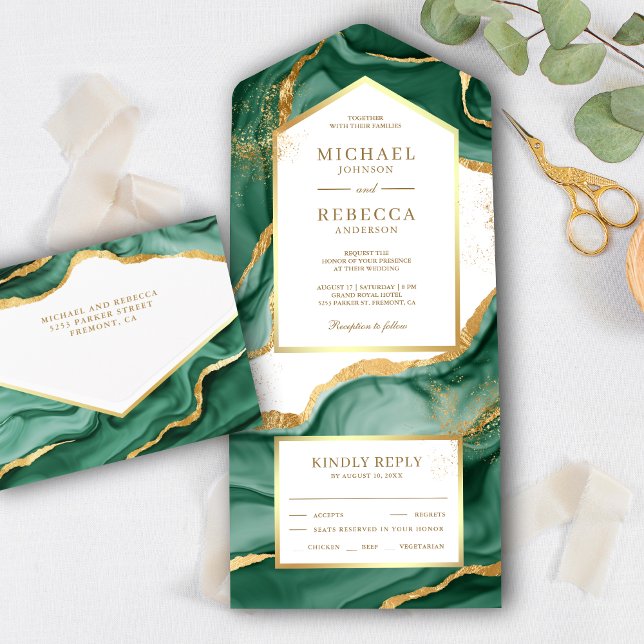 Emerald Green Gold Foil Abstract Fluid Ink Wedding All In One Invitation (Creator Uploaded)