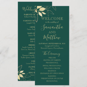 Emerald Green & Gold Foliage Botanical Wedding Program