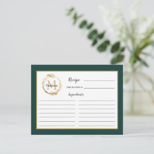 Emerald Green Gold Foliage Monogram Recipe Card