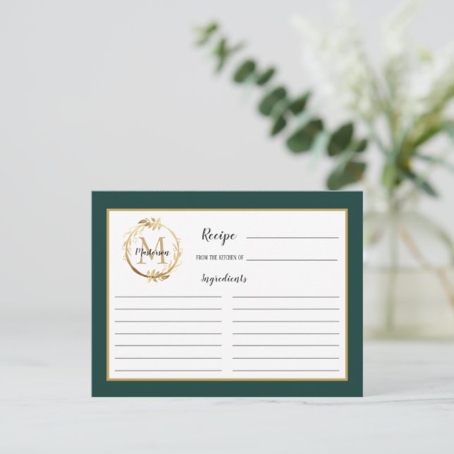 Emerald Green Gold Foliage Monogram Recipe Card (Standing Front)