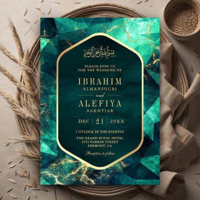 Emerald Green Gold Gemstone Muslim Wedding Invitation (Creator Uploaded)