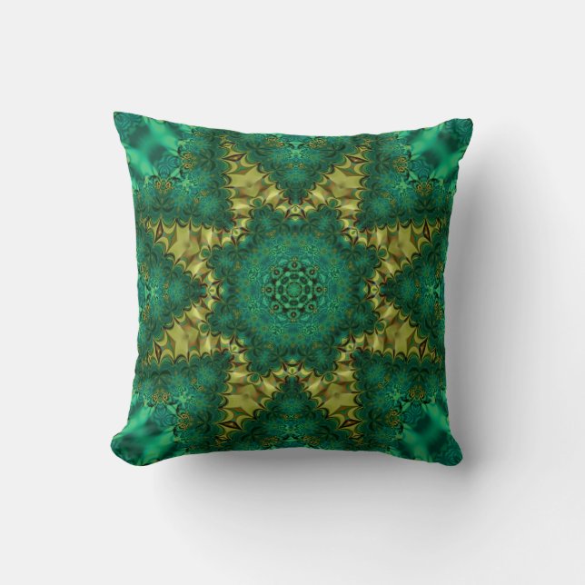 Emerald Green + Gold Geo-Fractal Art Cushion (Front)
