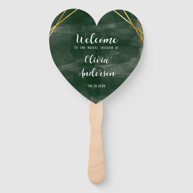 Emerald Green Gold Geometric Bridal Shower Welcome Hand Fan (Front)