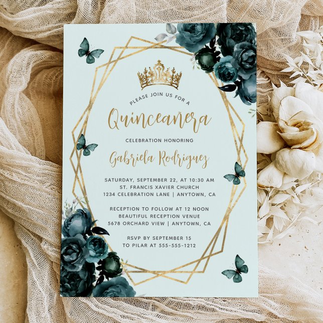 Emerald Green Gold Geometric Floral Quinceañera Invitation (Creator Uploaded)