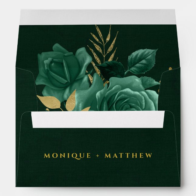 Emerald Green Gold Geometric Floral Wedding Envelope (Back (Bottom))