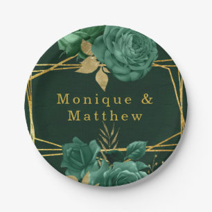 Emerald Green Gold Geometric Floral Wedding Paper Plate