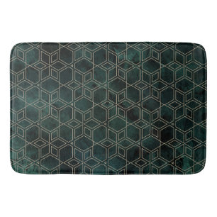 Emerald Green Gold Geometric Pattern Bath Mat