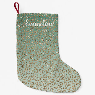 Emerald Green Gold Glam Glitter Leopard Print    Small Christmas Stocking
