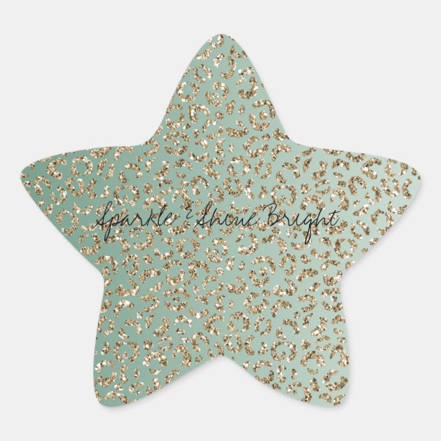 Emerald Green Gold Glam Glitter Leopard Print     Star Sticker (Front)