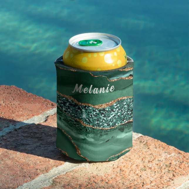 Emerald Green Gold Glitter Can Cooler Custom Name (In Situ Pool)