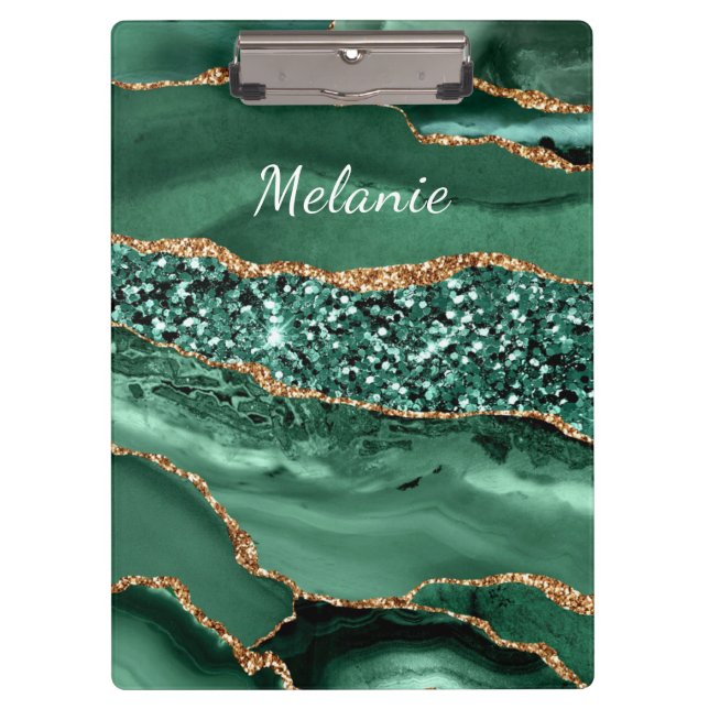 Emerald Green Gold Glitter Custom Name Clipboard (Front)