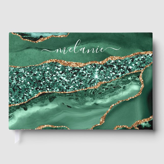 Emerald Green Gold Glitter Custom Name Guest Book (Front)