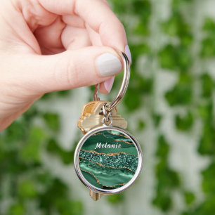 Emerald Green Gold Glitter Custom Name Keychain