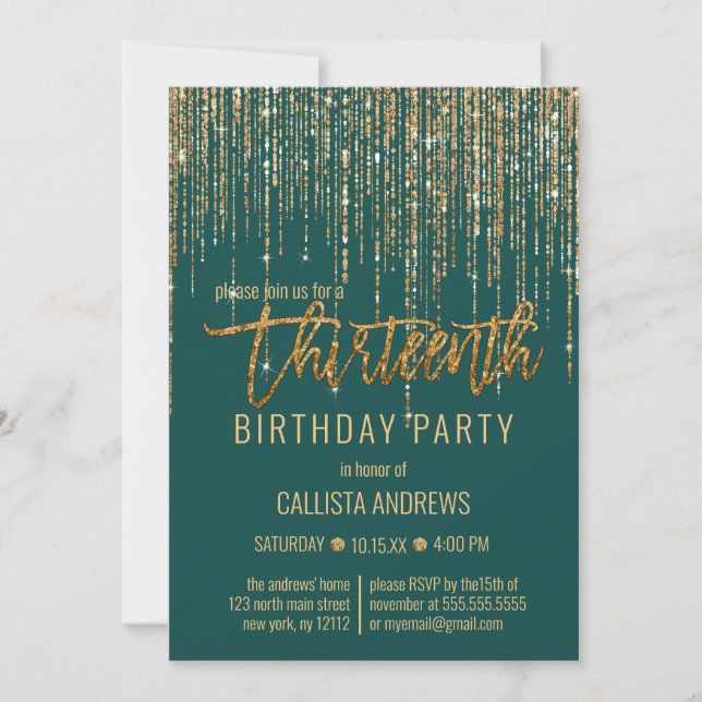 Emerald Green Gold Glitter Fringe 13th Birthday Invitation (Front)
