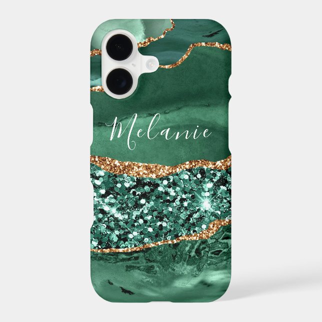Emerald Green Gold Glitter iPhone Case Custom Name (Back)