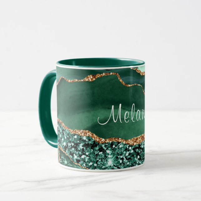 Emerald Green Gold Glitter Marble Custom Name Mug (Front Left)