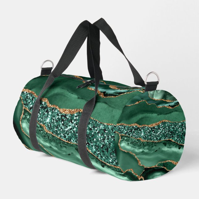 Emerald Green Gold Glitter Marble Custom Your Name Duffle Bag (Left Corner)