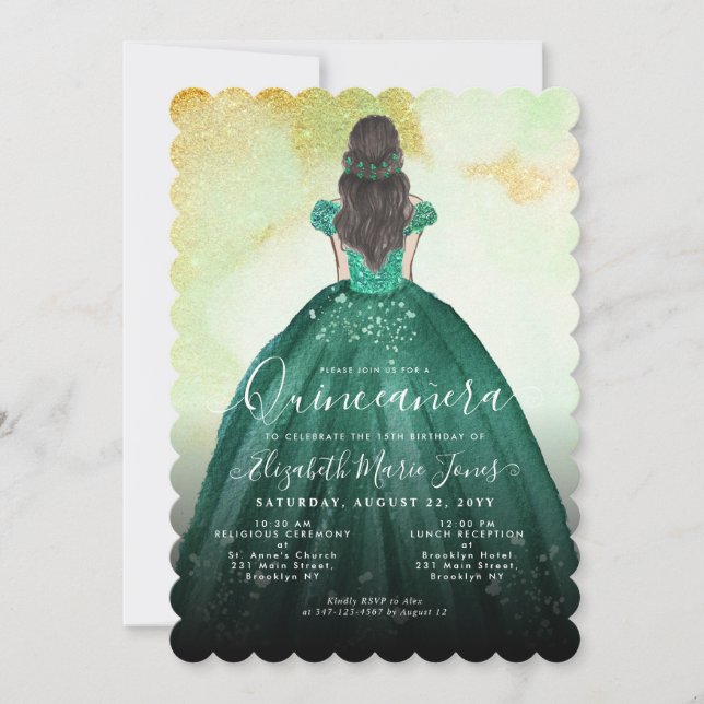 Emerald Green Gold Glitter Princess Quinceañera Invitation (Front)