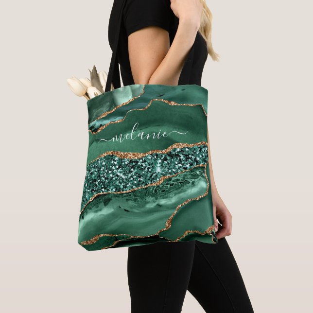 Emerald Green Gold Glitter Tote Bag Custom Name (Close Up)