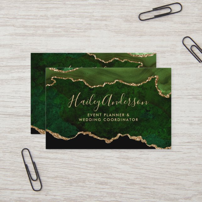Emerald Green Gold Glitter Watercolor Gilded Agate Business Card (Front/Back In Situ)