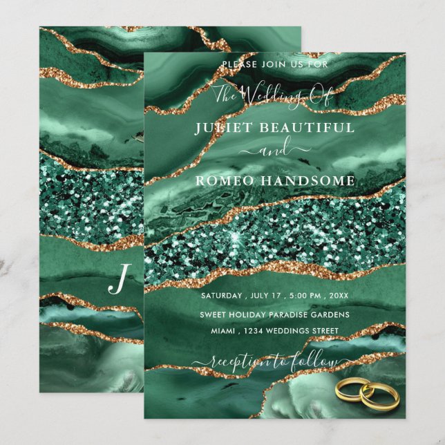 Emerald Green Gold Glitter Wedding Invitation (Front/Back)