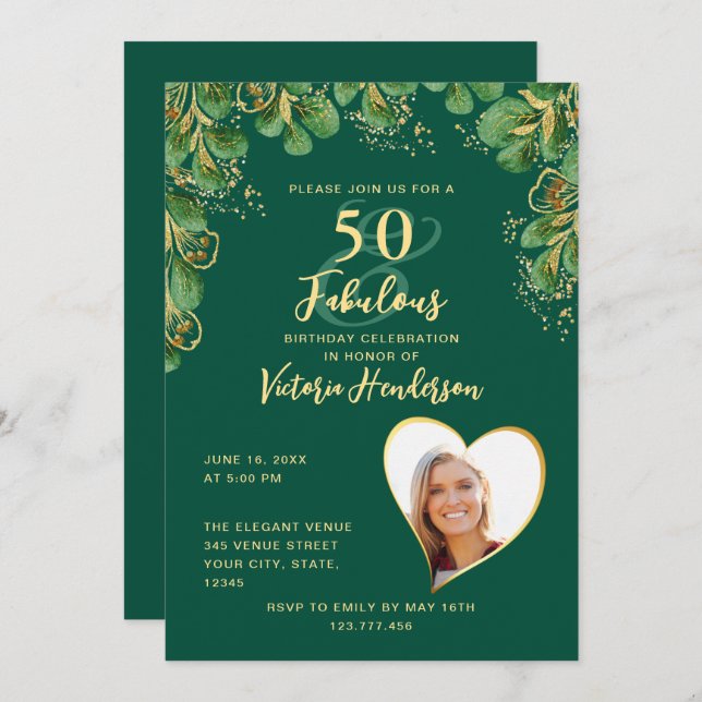 Emerald Green & Gold Greenery 50 & Fab Birthday Invitation (Front/Back)