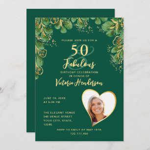Emerald Green & Gold Greenery 50 & Fab Birthday Invitation