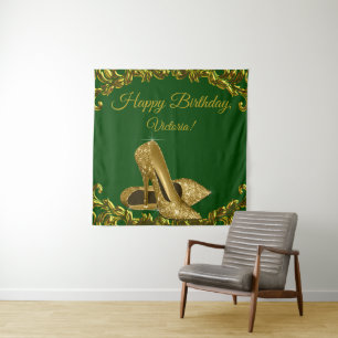 Emerald Green Gold High Heel Birthday SQ Backdrop Tapestry