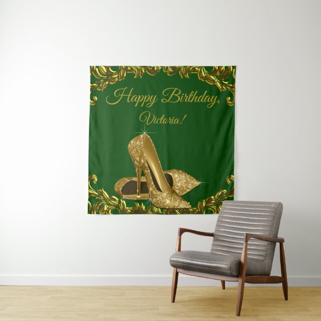 Emerald Green Gold High Heel Birthday SQ Backdrop Tapestry (In Situ)