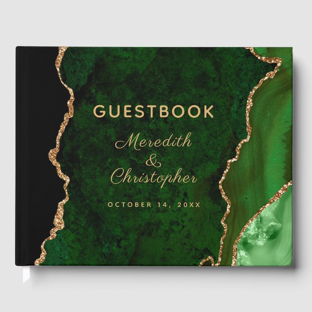 Emerald Green Gold Holiday Agate Wedding Guest Book (Front)