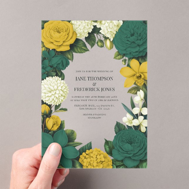 Emerald Green, Gold & Ivory Floral Wedding Acrylic Invitations (Insitu (Handheld))