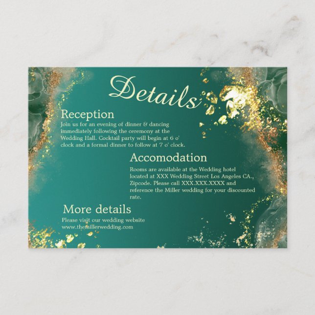 Emerald green gold jewel tones wedding enclosure card (Front)